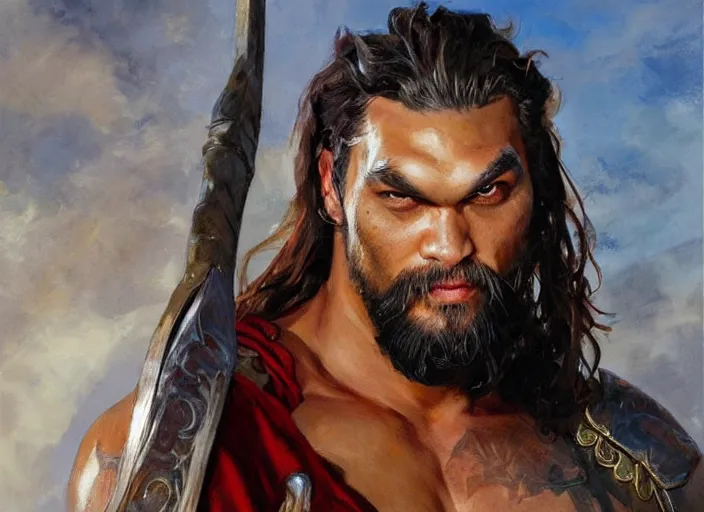 Image similar to a highly detailed beautiful portrait of jason momoa as kratos, by gregory manchess, james gurney, james jean