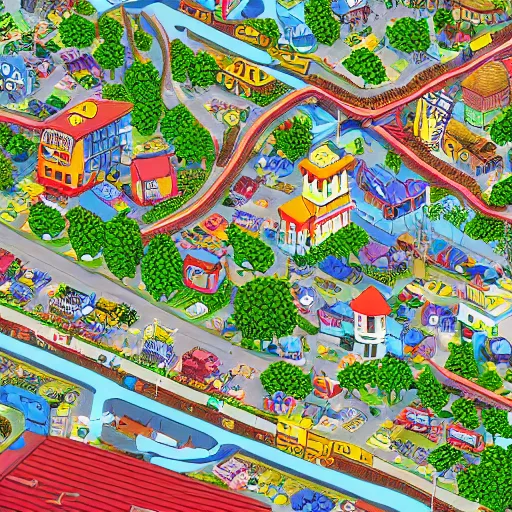 Image similar to zoomed in section of a larger map of busytown, extreme detail, sharp colors, octane render, 8k