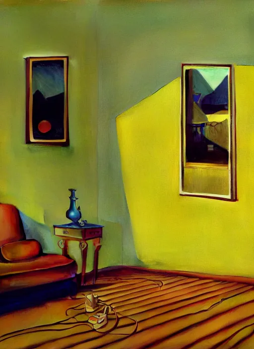 Image similar to hyper detailed 3d render like a Oil painting - the lonely living room, light and shadow, yellow wheat fields and electric poles outside, by Jacek Yerka, Mariusz Lewandowski, Houdini algorithmic generative render, Abstract brush strokes, Masterpiece, Edward Hopper and James Gilleard, Zdzislaw Beksinski, Mark Ryden, Wolfgang Lettl, hints of Yayoi Kasuma, octane render, 8k