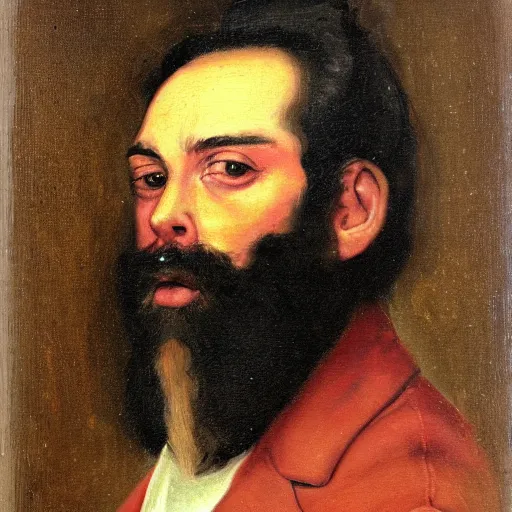 Prompt: A portrait of a man. He has black hair, a black beard, oil painting