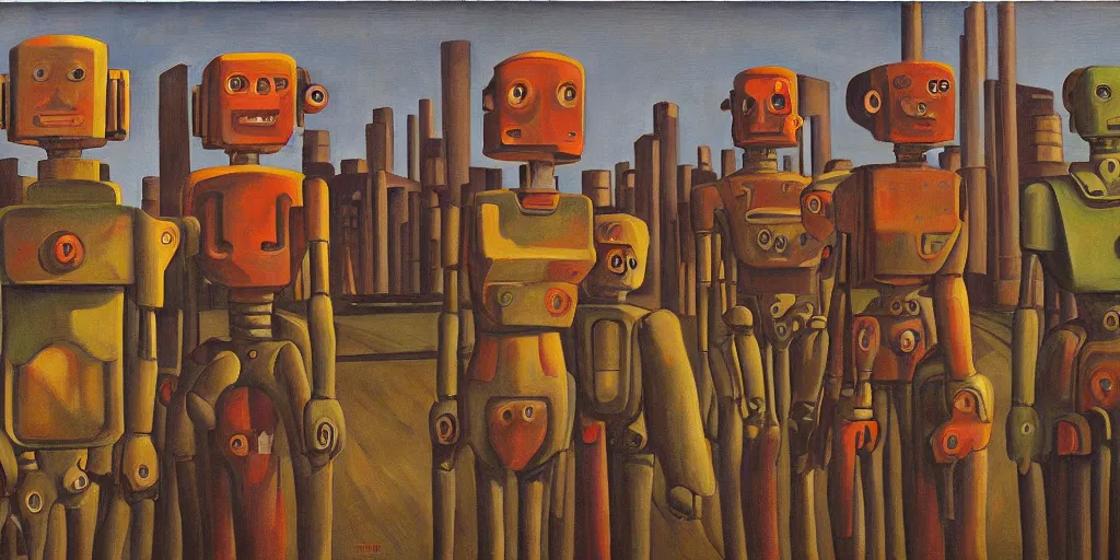 Prompt: formation of robots guarding a brutalist fortress, evil visages, dystopian, pj crook, edward hopper, oil on canvas