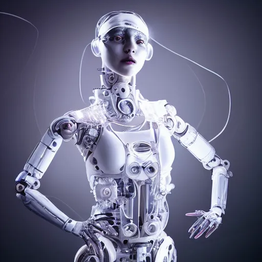 Image similar to beautiful centered fine art photo portrait of romantic beautiful girl as a solarpunk robotic humanoid, white mechanical parts with led lights, ballet style pose, photorealistic, white background, highly detailed and intricate, soft box lighting, hdr 8 k