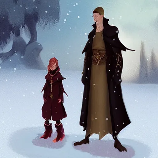 Image similar to a couple of people that are standing in the snow, concept art by Fabien Charuau, trending on pixiv, fantasy art, official art, wiccan, concept art