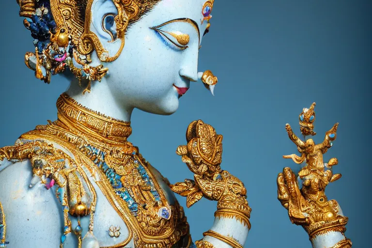 Prompt: full head and shoulders, beautiful female, deep blue porcelain sculpture, plastic jewellery of a hindu god, with lots of ornate gold leaf animals, attached to head by daniel arsham and james jean, on a white background, delicate facial features