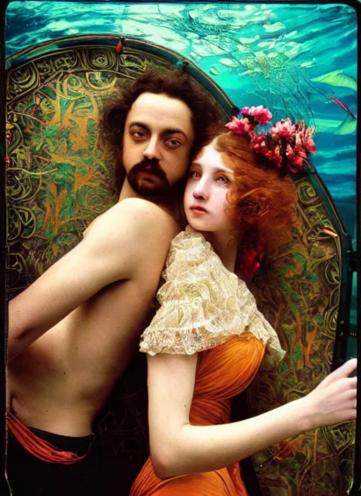 Image similar to detailed colourful masterpiece of art nouveau photography by anne leibovitz couple portrait sat down extreme closeup, love, inside an underwater train, detailed realistic expressions, wearing unusual clothes, by william powell frith frederic leighton and john william waterhouse, ultra wide angle