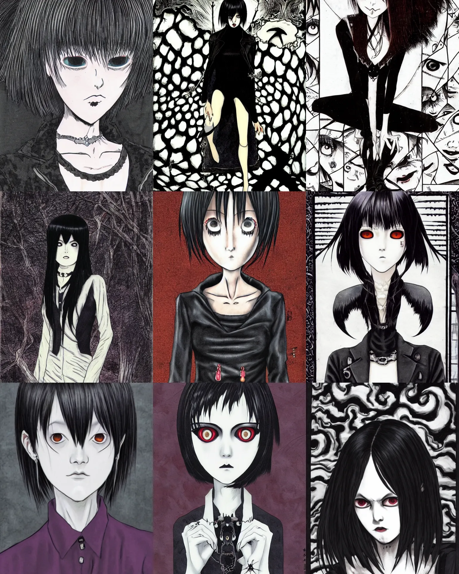 Prompt: A goth character portrait by Junji Ito. She has large evil eyes with entirely-black sclerae!!!!!! Her hair is dark brown and cut into a short, messy pixie cut. She has a slightly rounded face, with a pointed chin, and a small nose. She is wearing a black leather jacket, a black knee-length skirt, a black choker, and black leather boots.