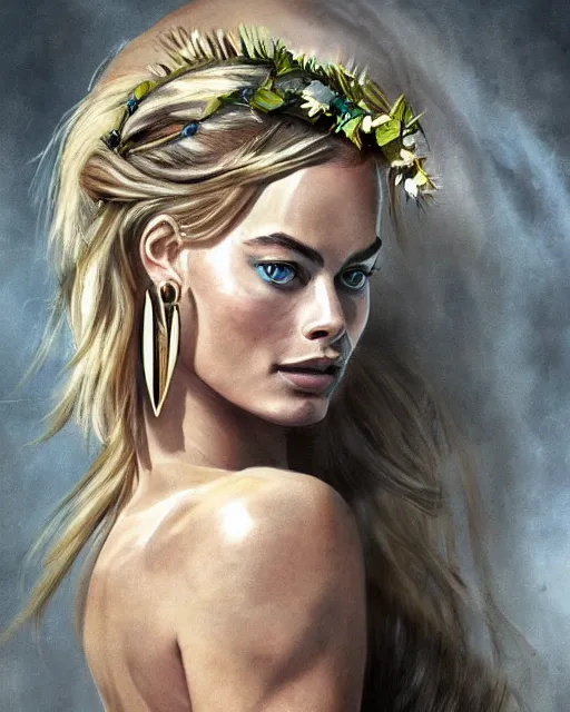 Image similar to realism tattoo sketch of margot robbie as a beautiful greek goddess aphrodite with piercing eyes wearing a laurel wreath and triangle earrings, in the style of greg rutkowski, amazing detail