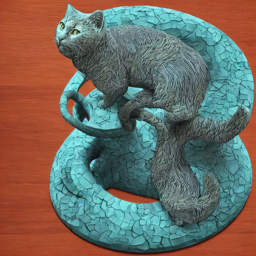 Prompt: beautiful gallery show studio photograph of a giant realistic round biomechanical ceramic sculpture of a manx cat, fractal 3 d structure, celadon glaze, placed on a polished wooden table, colorful hyperrealism 8 k trending on artstation