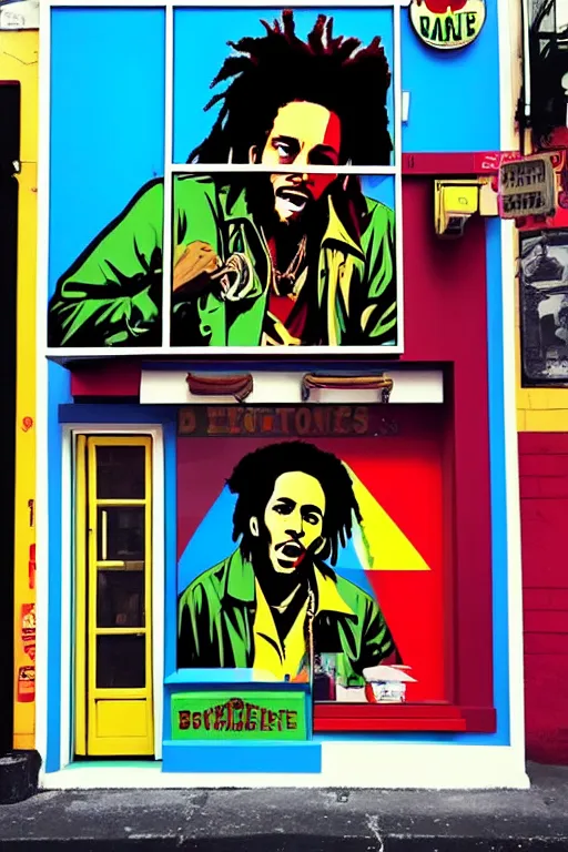 Prompt: bob marley sittin in front of barber shop!!! pop art, pixel, bioshock, gta chinatown, artgerm, richard hamilton, mimmo rottela, julian opie, aya takano, avoid duplicate!!!, avoid redudance!!!