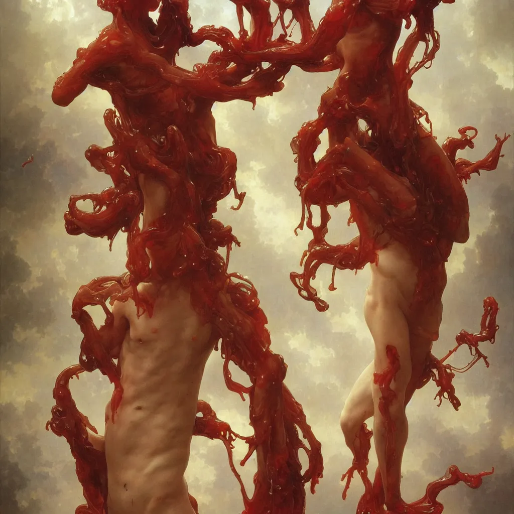 Prompt: grotesque veiny glossy wet gory nightmare fungus demon god. uhd, amazing depth, cinematic lighting, levitating floating fungus god with arms outstretched. by artgerm and greg rutkowski and alphonse mucha and william - adolphe bouguereau.