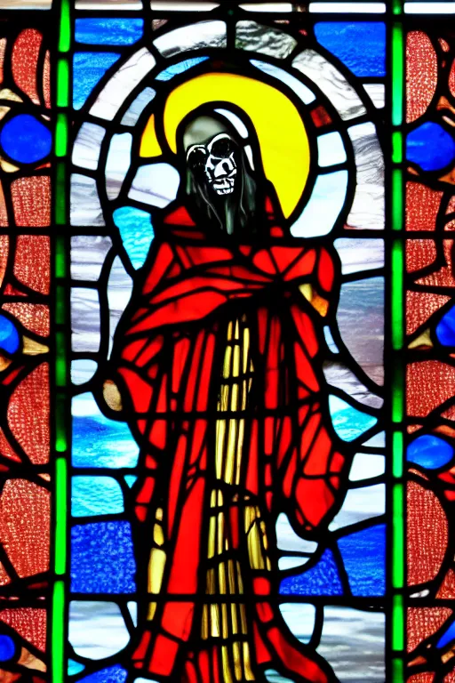 Prompt: grim reaper in a stained glass window, intricate 4k