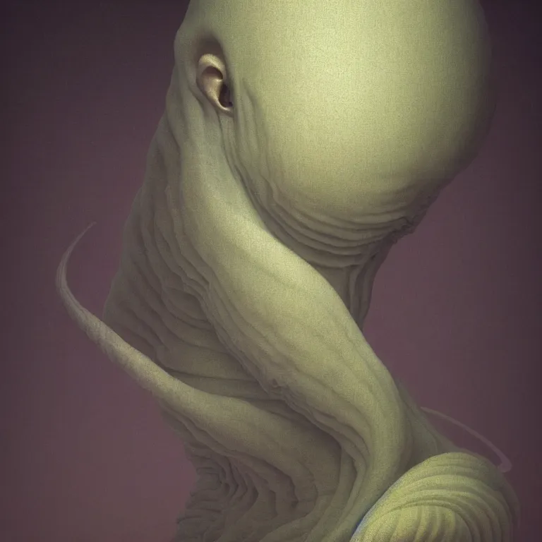 Image similar to portrait of a ribbed alien by hieronymus bosch, wide shot, soft glow bloom lucid dream - like ethereal atmosphere, baroque portrait painting, perfect composition, beautiful intricate detailed octane render trending on artstation, 8 k artistic photography, volumetric cinematic perfect light, chiaroscuro, masterpiece, raphael, caravaggio, rutkowski, beeple, beksinski