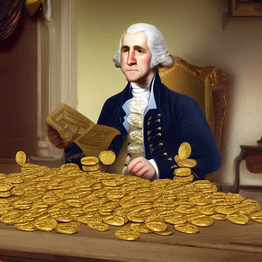 Image similar to a closeup photorealistic photograph of a happy George Washington inspecting small gold Doubloon coins at his home on Cherry Street. This 4K HD image is Trending on Artstation, featured on Behance, well-rendered, extra crisp, features intricate detail and the style of Unreal Engine.