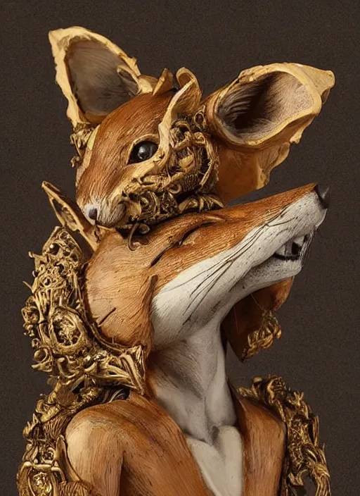 Image similar to sculpture of rat on top of a fox made of wood, portrait, female, future, wood, tree, harper's bazaar, vogue, magazine, insanely detailed and intricate, concept art, close up, ornate, luxury, elite, elegant, trending on artstation, by ruan jia, by Kenneth Willardt, by ross tran, by WLOP, by Andrei Riabovitchev,