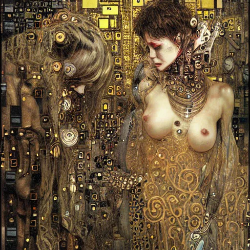 Image similar to depraved cybernetic demon lovers trapped in circuitry, intricate detail, klimt, royo, whealan,