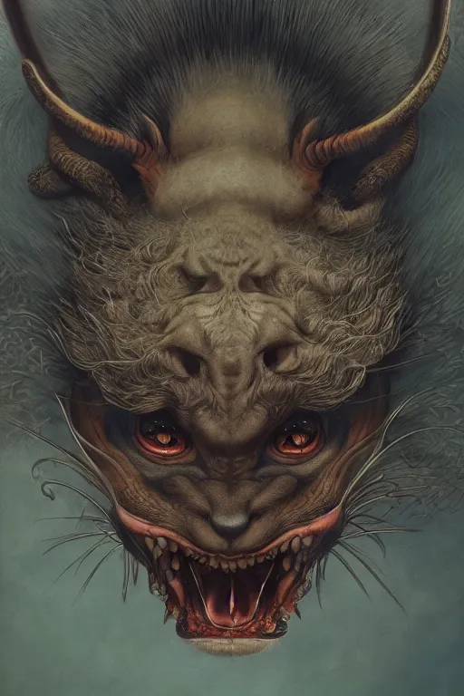 Image similar to a portrait of a japanese devil animal illustrated by miyazaki by karol bak, james jean, tom bagshaw, rococo, sharp focus, trending on artstation, cinematic lighting, hyper realism, octane render, 8 k, hyper detailed, vivid, ultra detailed, highly detailed