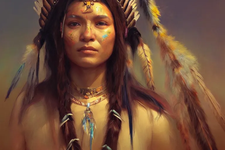 Prompt: A portrait a native american goddess by Ruan Jia and Mandy Jurgens and Artgerm and william-adolphe bouguerea, highly detailed, trending on artstation, award winning, H 768