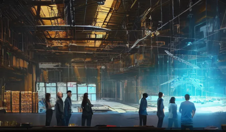 Image similar to group of people in simple warehouse, looking at hologram of futuristic dense metropolis on a table, cinematic concept art, godrays, golden hour, natural sunlight, 4 k, clear details, tabletop model buildings, center model buildings, hologram center, crane shot, crane shot, crane shot