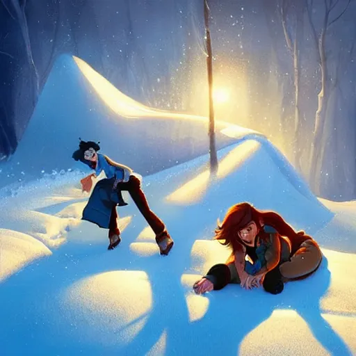 Image similar to snow avalanche, dramatic, cool shadows, warm light, cute, by disney, animation art - perfect global illumination, illustration, romantic painting, centered composition, by jesper ejsing, by rhads, makoto shinkai and lois van baarle