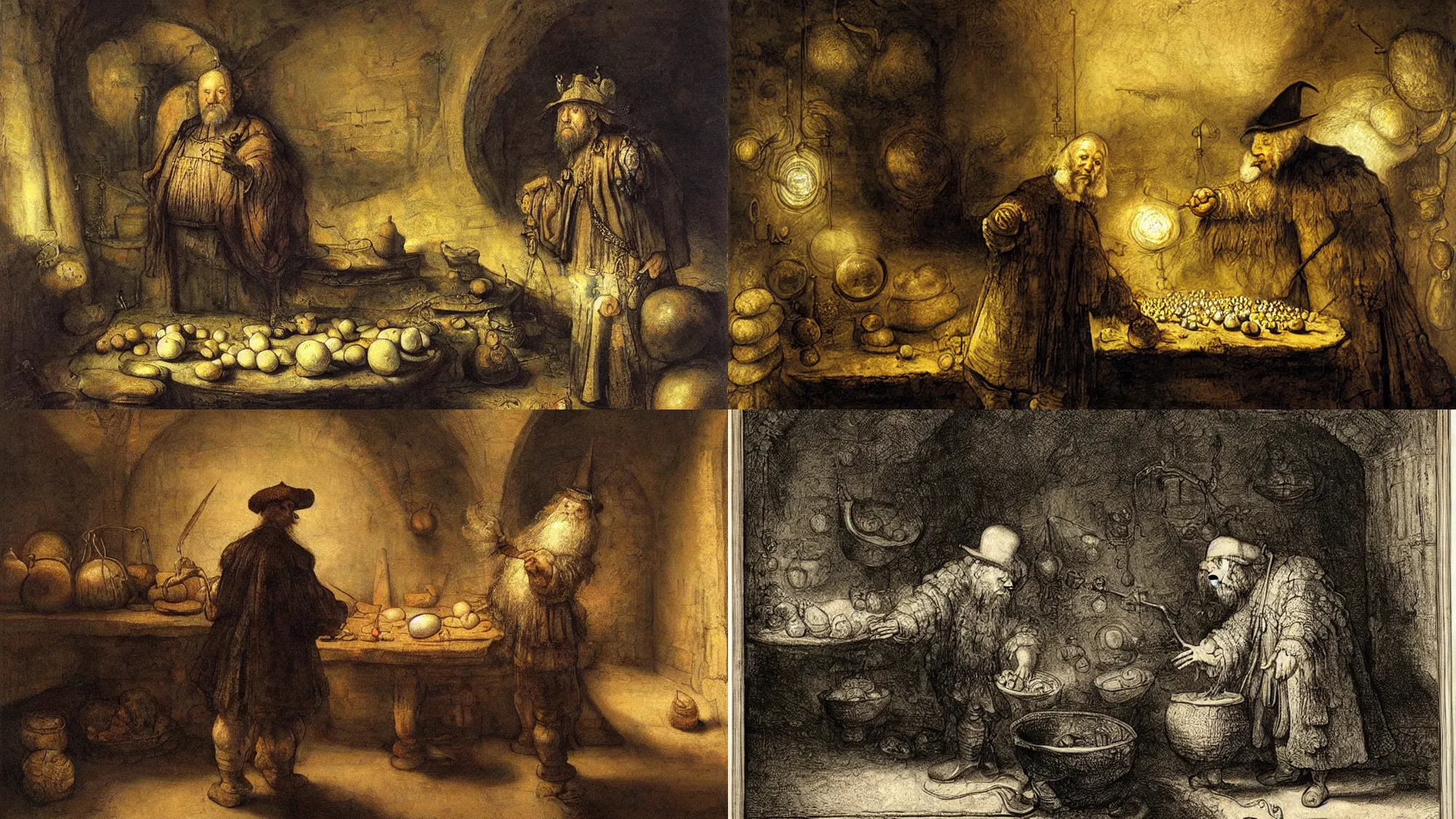 Prompt: wizard examining eggs, fantasy art, Rembrandt