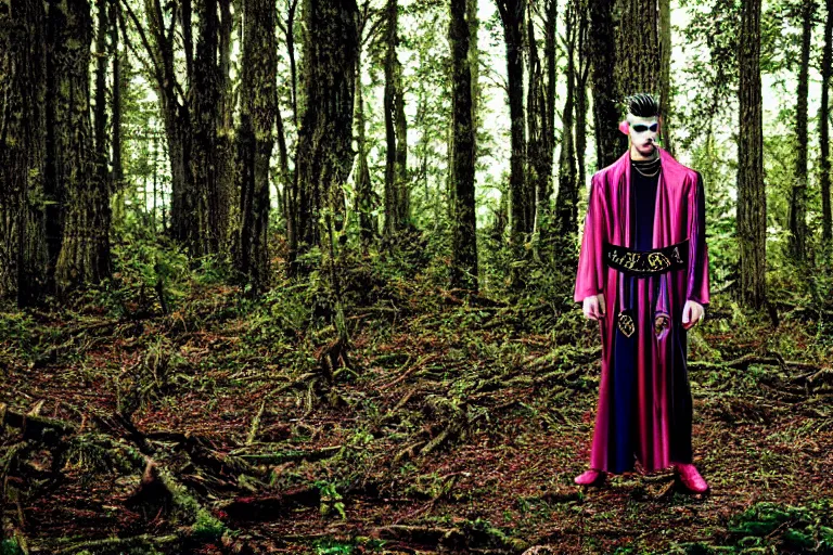 Image similar to versace avant garde male toga intricate textiles streetwear cyberpunk posing in the woods trees cloudy overcast dark late evening dramatic 3 5 mm professional color