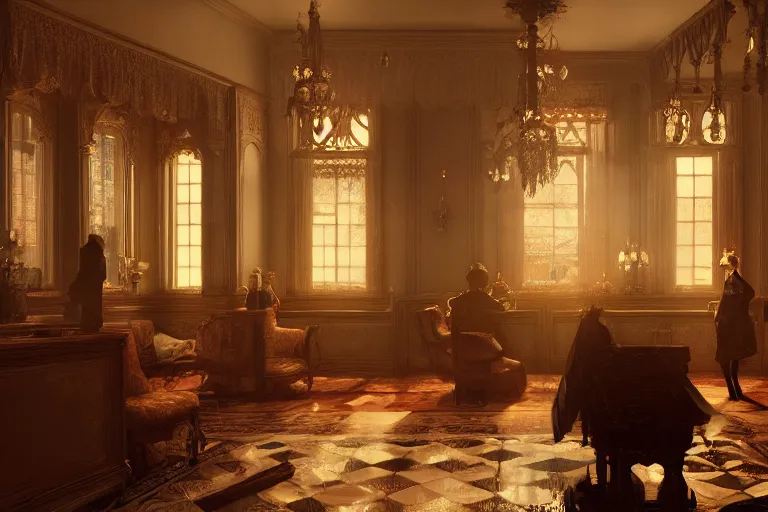 Image similar to an ornate victorian house interior, party inside, scene inside. 1 8 9 0, key visual, conceptart, ambient lighting, highly detailed, digital painting, artstation, concept art, sharp focus, by makoto shinkai and akihiko yoshida and greg manchess