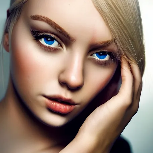 Prompt: a professional young woman cursed with every-increasing beauty intelligence and virtue, photoshoot, real life skin, sharp focus, blonde hair, elegant, trending on artstation, hyper realistic