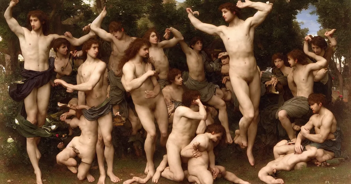 Prompt: large group of pre-Raphaelite muscular athletic male gamers wearing headsets and playing video-games on laptops playstation5 x-box and PC by Bouguereau and raphael