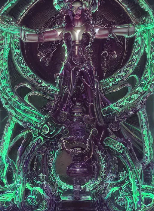 Image similar to ultradetailed ornate cyberpunk RPG character sci-fi illustration of a beautiful symmetric Medusa radiating a majestic glowing aura, intricate smooth digital painting, sharp focus, deep neon-noir tones, 3d rim light, artstation, concept art, hyperrealistic, photorealistic, Kodakchrome