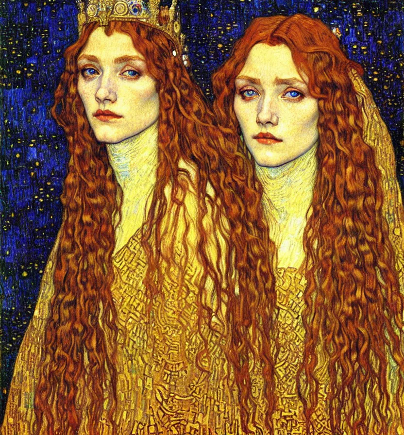 Image similar to detailed realistic beautiful young medieval queen face portrait by jean delville, gustav klimt and vincent van gogh, art nouveau, symbolist, visionary, gothic, pre - raphaelite, muted earthy colors, desaturated