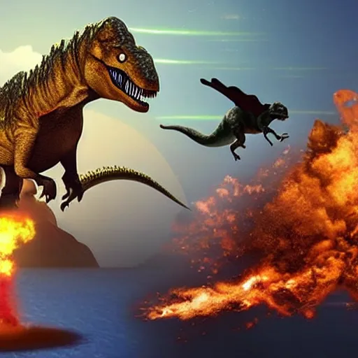 Prompt: dinosaurs falling from a flat disk shaped earth because of a meteor