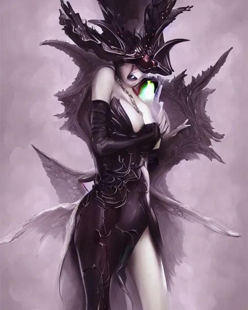 Image similar to Anime demon girl wearing haute couture by 'alexander mcqueen', art of ‘B.c.N.y.’ and artgerm and wlop, elegant, ominous, concept art, digital painting, highly detailed, intricate, trending on artstation