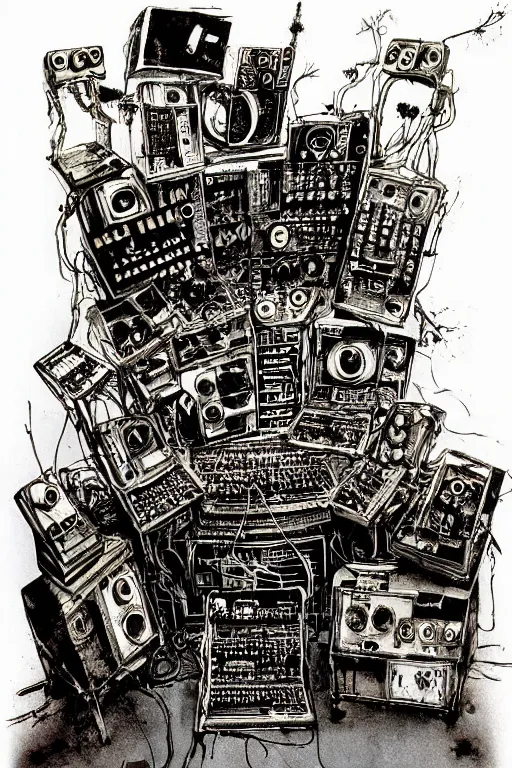 Image similar to synthesizer from hell by ralph steadman