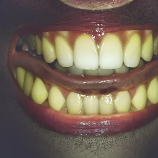 Image similar to scary photograph of a man with yellow decaying teeth, close up photograph taken on an iphone 4, flash lighting in a dark room, 4 k