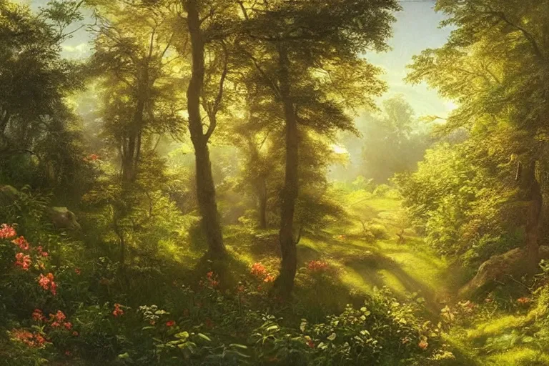Prompt: lush forested landscape dense with trees and flowers, sunbeams streaming through the foliage, dreamy realism