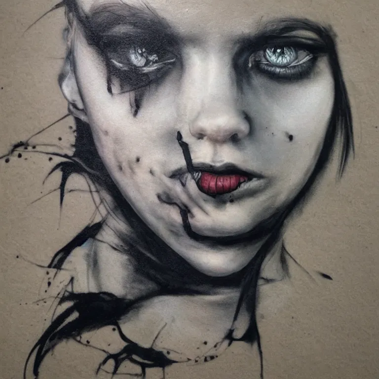 Image similar to Street-art portrait of The Girl with the Dragon Tattoo in style of Etm Cru, photorealism