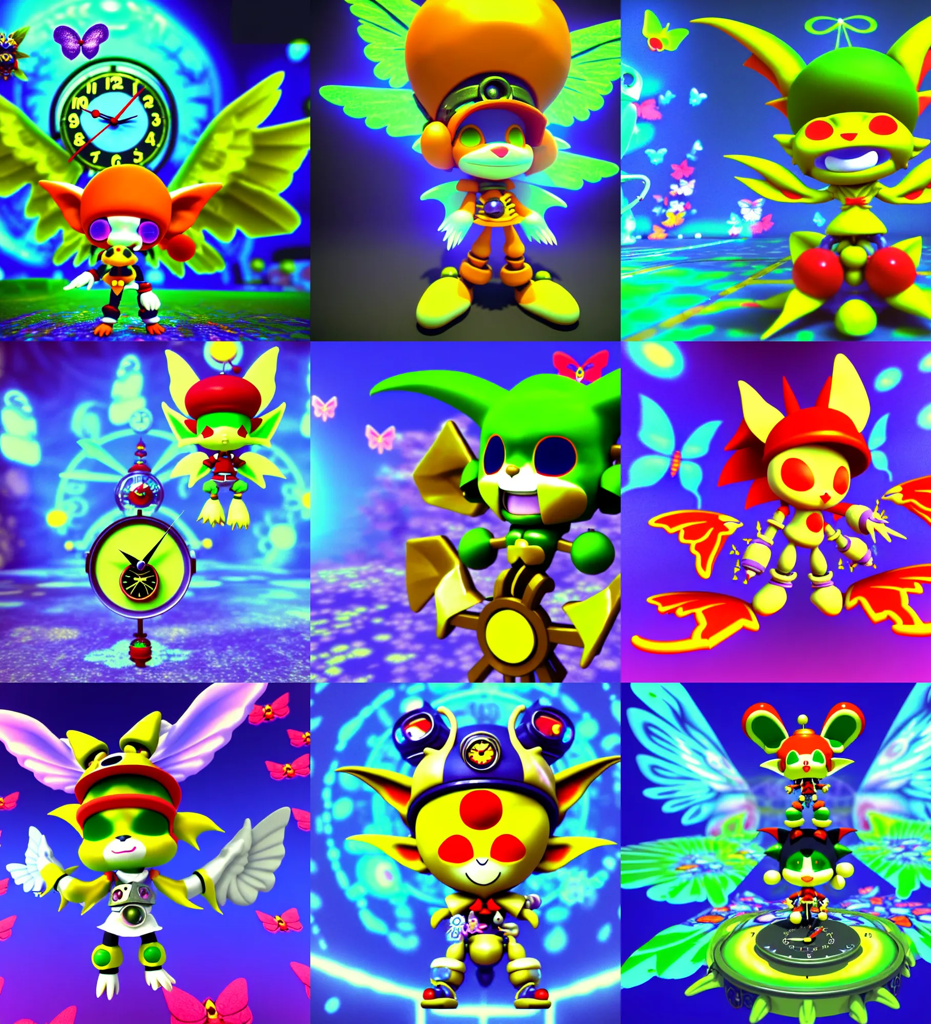 Prompt: 3 d render of chibi clock cyborg goblin klonoa with angel wings against a psychedelic surreal background with 3 d butterflies and 3 d flowers n the style of 1 9 9 0's cg graphics lsd dream emulator psx graphics 3 d rendered y 2 k aesthetic by ichiro tanida, 3 do magazine, wide shot