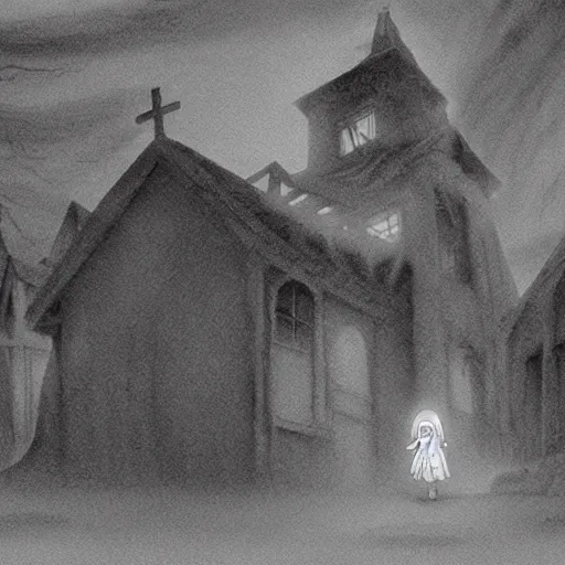 Image similar to ghost of a young girl, a burnt out church, wisps of smoke, spooky, photorealism, cel shaded, studio ghibli, hayao miyazaki