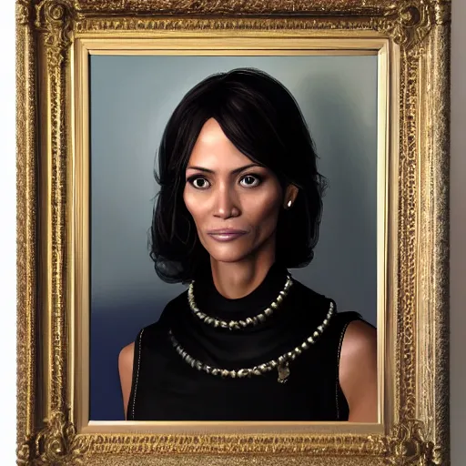 Image similar to portrait of maci holloway in the oval office, first woman elected as president in usa, cold but beautiful, about 3 5 years old, highly detailed, mix of halle berry and julia roberts, gong li, olga kurylenko, artstation hd, deviantart, by artgem, greg rutkowski