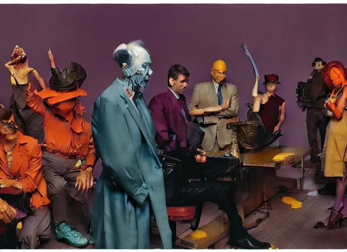 Image similar to a still from the tv series law and order by francis bacon and norman rockwell and james jean, and mark brooks, triadic color scheme, by greg rutkowski, syd mead and edward hopper and norman rockwell and beksinski, dark surrealism, purple and orange and turquoise