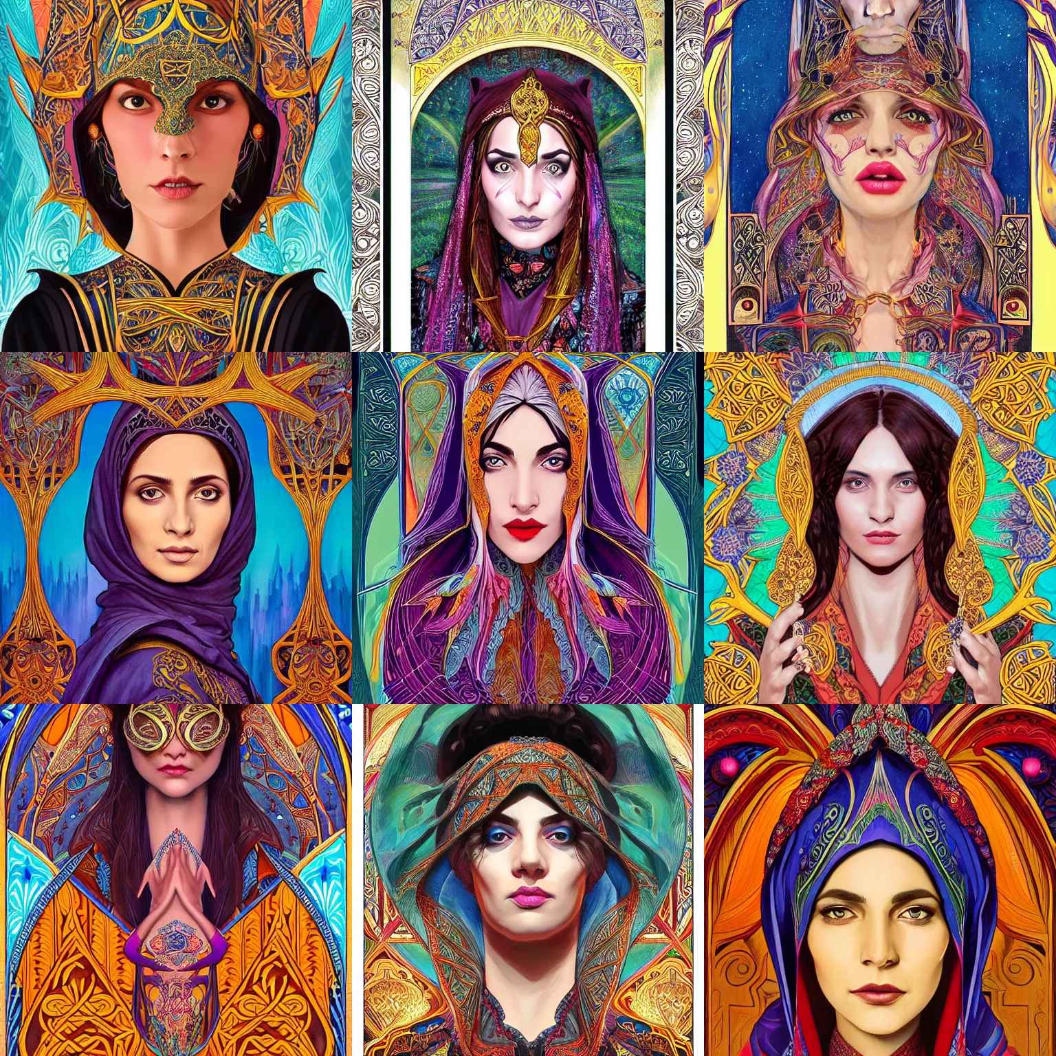 Prompt: head-on symmetrical centered painted portrait, Ghada Abdel Razek as a D&D wizard, shoulders up, ornate colourful robes, art nouveau, tarot card style, fantasy, intricate, elegant, highly detailed, smooth, sharp focus, illustration, artstation, in the style of Artgerm and Anna Podedworna and Alex Ross and Mucha