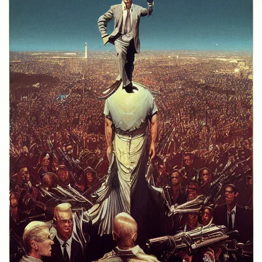 Image similar to immense, majestic, surreal, terrifying joe biden standing triumphant over the national mall, perfectly clear face, by j. c. leyendecker and beksinski