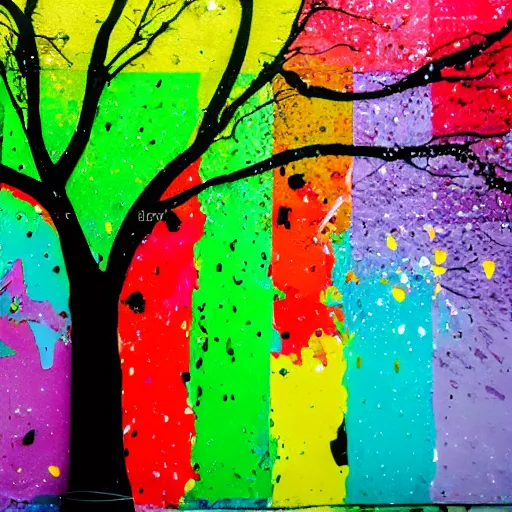 Prompt: a tree splattered in multicolored paint