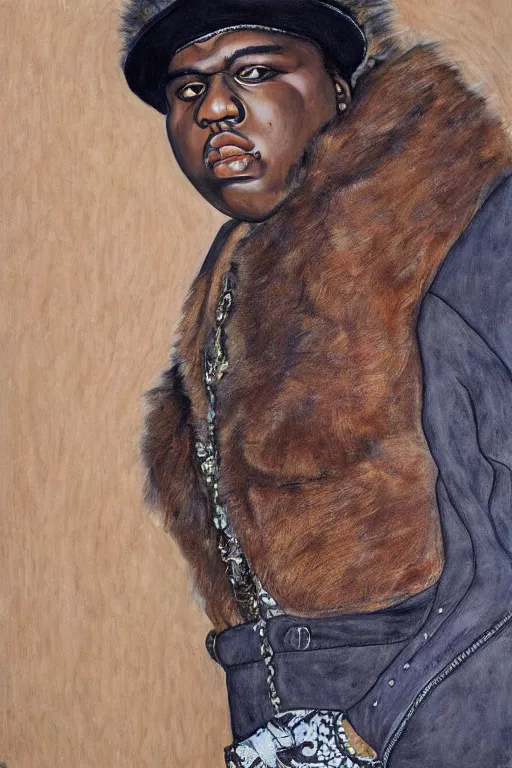 Prompt: a portrait of biggie smalls wearing boho - chic style clothes, with a fur muffler, full body!!, realistic painting in egon schiele style, masterpiece, hyperdetailed, complex, intricate, 4 k, trending on artstation
