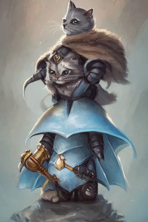 Image similar to cute little anthropomorphic cat knight wearing a cape and a crown, tiny, small, miniature cat , baby animal, short, pale blue armor, cute and adorable, pretty, beautiful, DnD character art portrait, matte fantasy painting, DeviantArt Artstation, by Jason Felix by Steve Argyle by Tyler Jacobson by Peter Mohrbacher, cinematic lighting