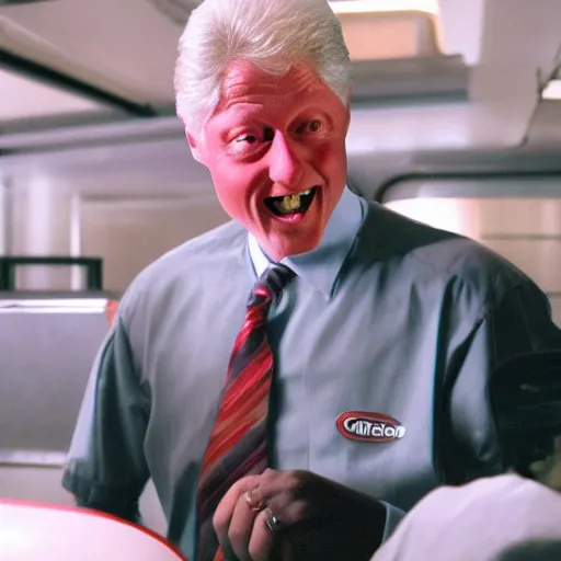 Prompt: first picture of bill clinton cameo as a mcdonald's worker in new movie, ( eos 5 ds r, iso 1 0 0, f / 8, 1 / 1 2 5, 8 4 mm, postprocessed, crisp face, facial features )