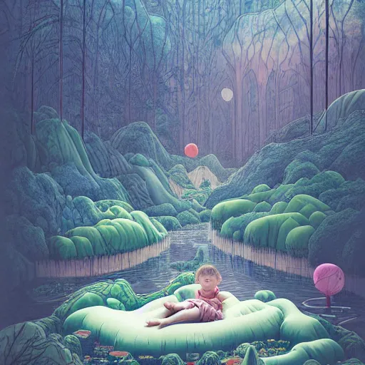 Prompt: inflatable landscape with forest, river and mountains floating child dreams and wishes , concept art, huge scale, high detail, sci fi by James Jean