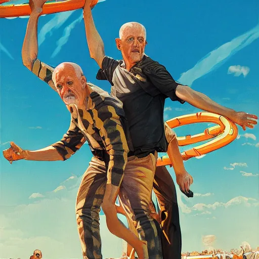 Prompt: mike ehrmantraut and johnny knoxville at a waterpark, movie poster by jc leyendecker, 4 k resolution, detailed, high quality, hq artwork, coherent, insane detail, concept art, character concept, character full body portrait