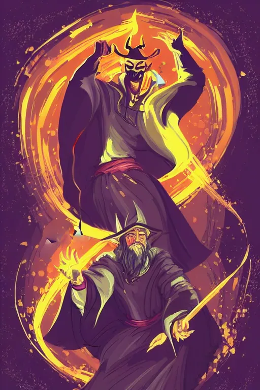 Image similar to Portrait of a devil that is a wizard casting a spell , wizard, medieval, sticker, colorful, casting epic spell, magic the gathering artwork, D&D, fantasy, artstation, heroic pose, illustration, highly detailed, simple, smooth and clean vector curves, no jagged lines, vector art, smooth