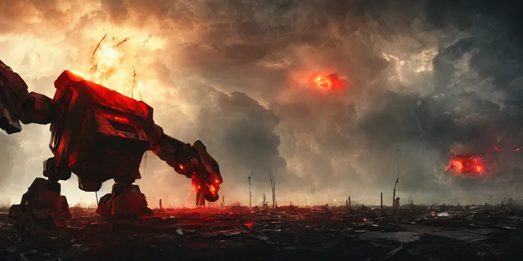 Image similar to beaten-up giant robot in a technological megastructure, dramatic lighting, explosions, debris, smoke, apocalyptic scene, cinematic photography